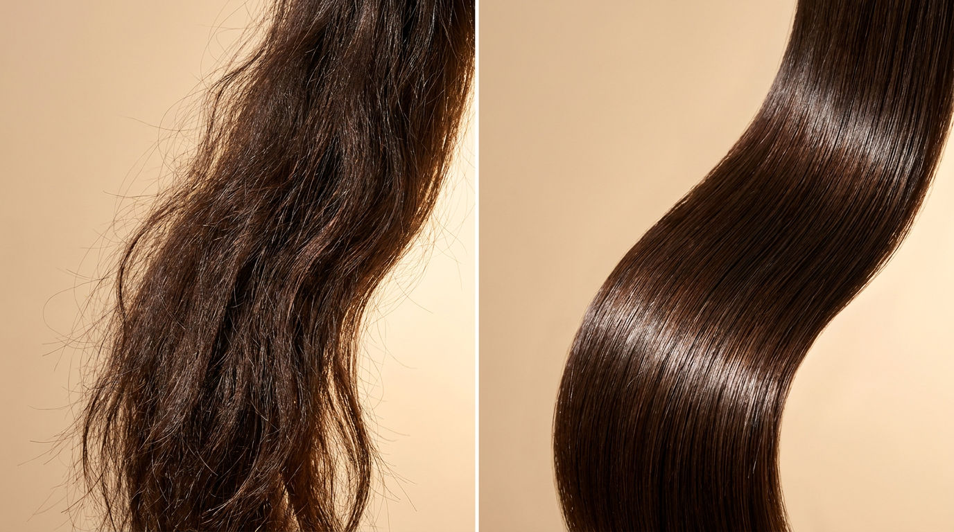 Side-by-side comparison of frizzy rough hair and smooth sealed hair showing how the right hair oil tames frizz by sealing the cuticle