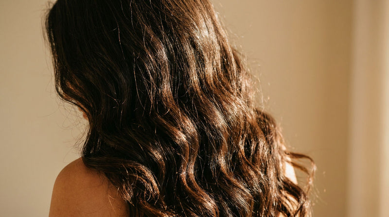 Thick voluminous dark brown hair cascading over a shoulder showing strand density and fullness, illustrating hair oil results for growth and thickness