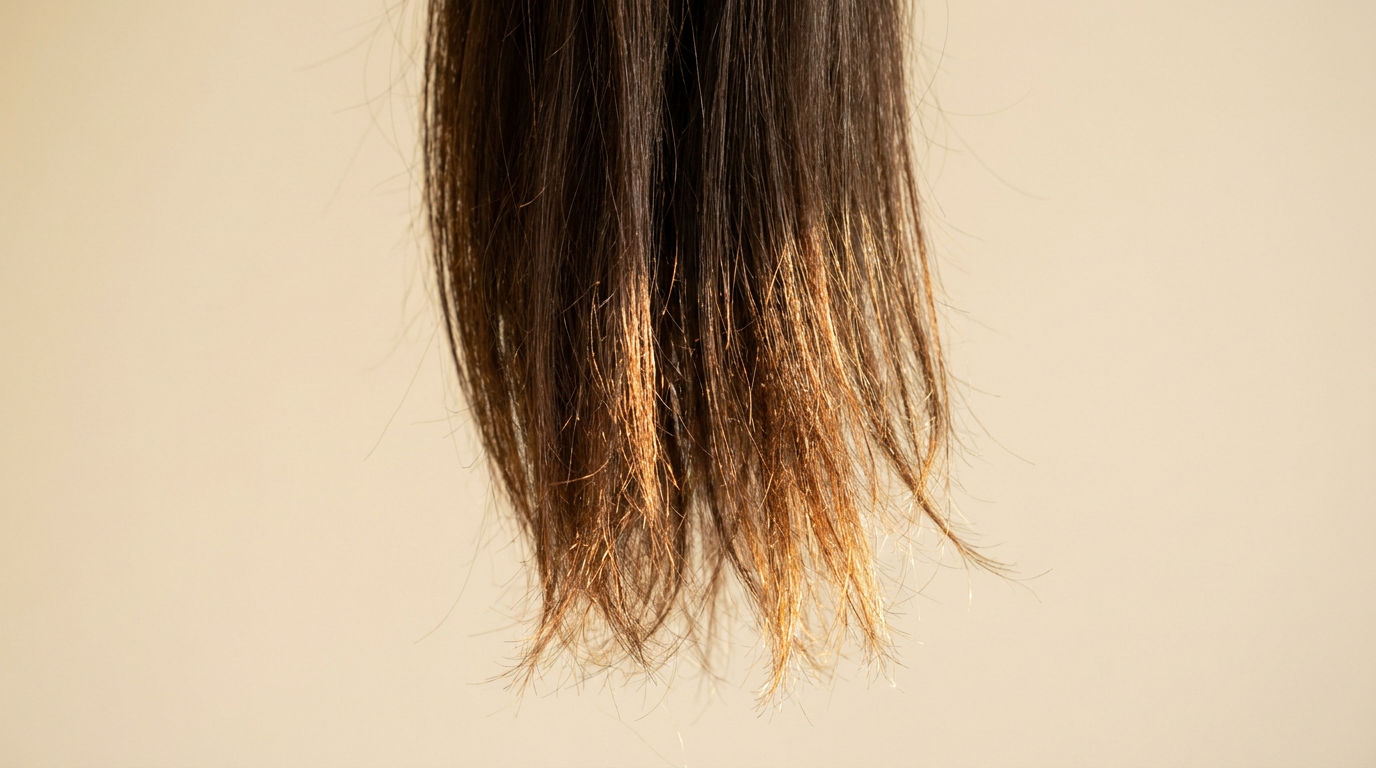 Close-up of dark brown hair ends showing dry wispy tips transitioning from healthier mid-lengths, illustrating why hair oil for dry ends needs to penetrate the strand