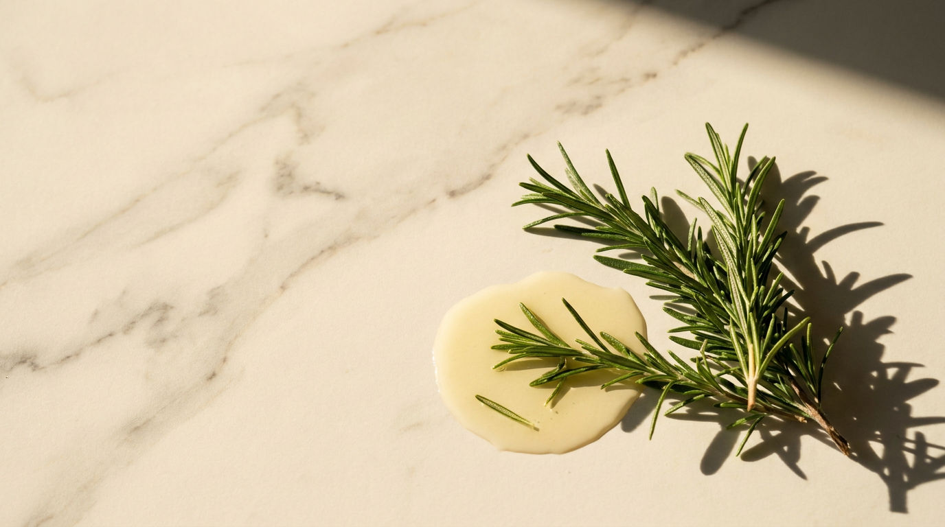 Fresh rosemary sprig with a pool of pale golden rosemary oil on white marble surface in direct sunlight, showing the essential oil used for scalp health and hair growth