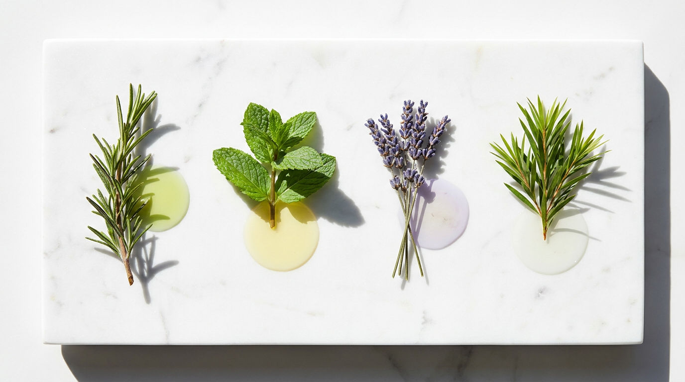 Four essential oils for hair growth arranged on white marble — rosemary, peppermint, lavender, and tea tree sprigs each with a pool of their extracted oil