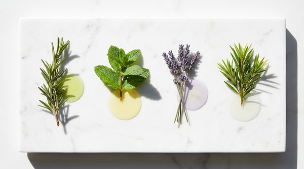 Four essential oils for hair growth arranged on white marble — rosemary, peppermint, lavender, and tea tree sprigs each with a pool of their extracted oil
