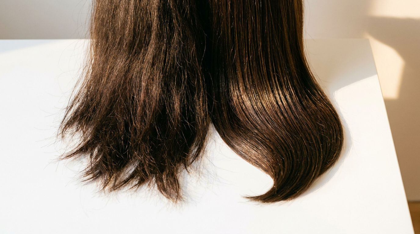 Two sections of dark brown hair side by side comparing dry rough texture with smooth oiled hydrated hair showing the effect of hair oil for dry hair
